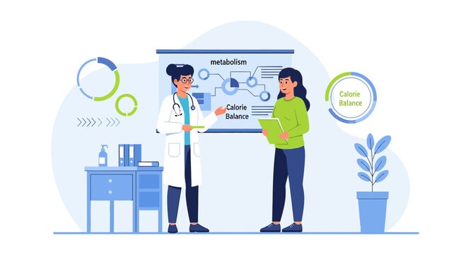 Doctor Consults Patient on Metabolism and Calorie Balance with Charts