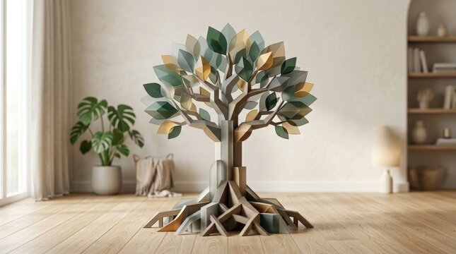 Symbolic tree with strong roots made from layered geometric forms