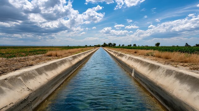Concrete irrigation canal running through agricultural fields under a blue sky.