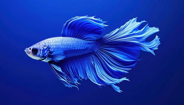 Vivid image of a stunning blue Siamese fighting fish with flowing fins, set against a blue backdrop