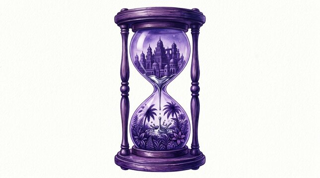 Fantasy hourglass illustration, purple sand timer with a whimsical city and lush jungle inside, magical time concept, environmental urbanism, nature vs. civilization.