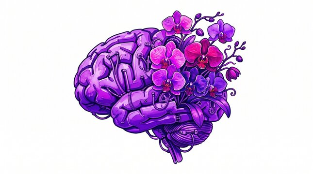 Vibrant purple brain illustration, blooming with colorful orchid flowers. Creative mind, mental health, and psychological well-being concept art.