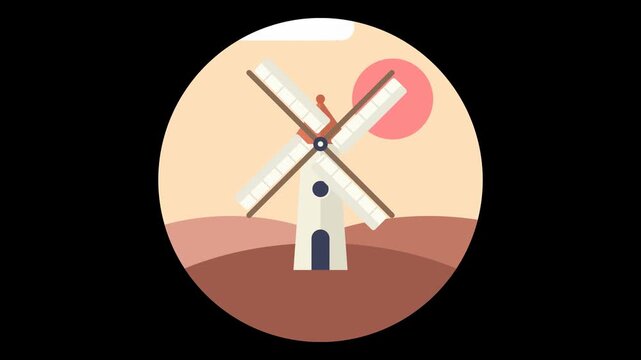 Animated windmill turning against sunset backdrop in circular frame