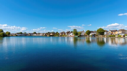 Fototapeta premium Serene Residential Area Reflecting on Calm Water Under Clear Blue Sky with Fluffy Clouds