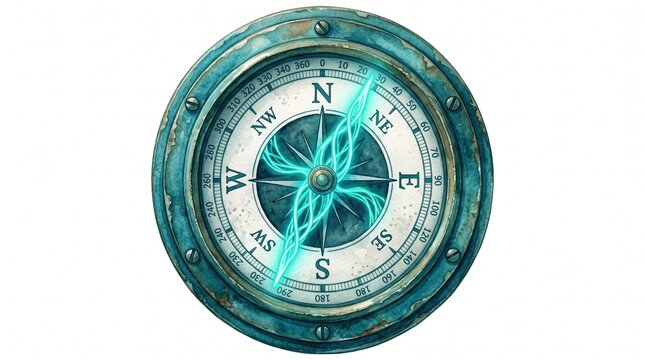 Mystical antique compass illustration, a vintage navigational tool with glowing blue energy, perfect for adventure, exploration, and discovery concepts.