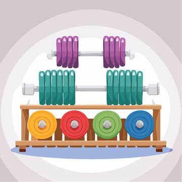 Colorful Dumbbells and Weight Plates on Rack
