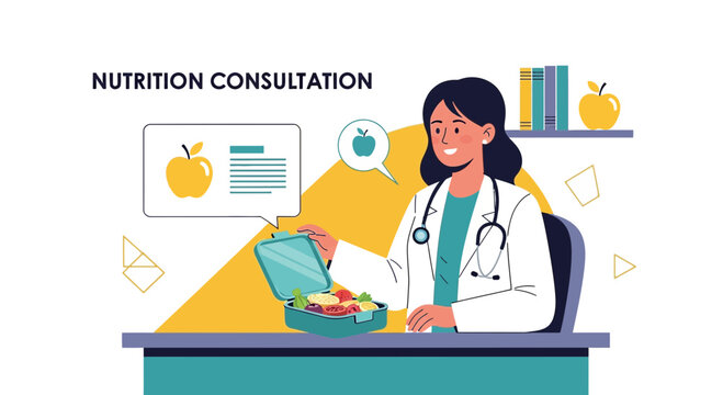 Dietitian Consults Patient on Healthy Eating with Lunchbox and Apple Icon