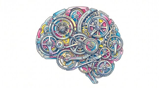 Intricate steampunk brain illustration, complex mechanical mind with colorful gears and cogs, detailed human brain concept for technology and thought processes