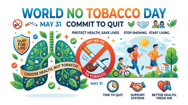 An illustration for World No Tobacco Day on May 31, promoting quitting smoking for a healthier life with visuals of healthy lungs and active people.