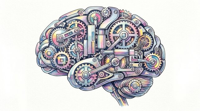 Intricate mechanical brain illustration, complex gears and cogs forming a human mind, steampunk-inspired metallic brain, detailed engineering concept for AI and intelligence.