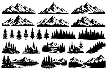 Fototapeta premium Collection of black and white mountain and forest landscape silhouettes with cabins.
