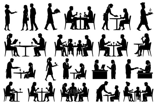 Silhouettes of dining couples and family with restaurant staff interactions.