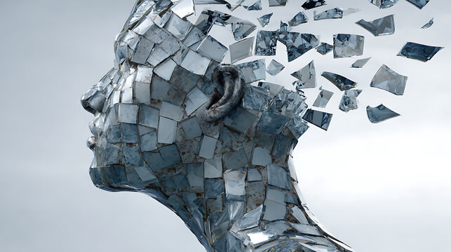 Shattered human psyche concept with fragmented glass head dissolving into pieces, symbolizing memory loss, trauma, identity breakdown, mental illness, emotional struggle, and healing