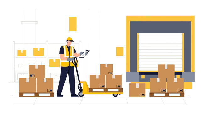 Warehouse worker with pallet jack and boxes near loading dock, logistics and delivery concept