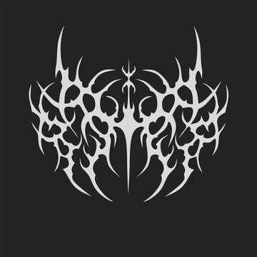 Symmetrical tribal wings with a central sword, sharp gothic thorns in cyber sigil style on a black background.
