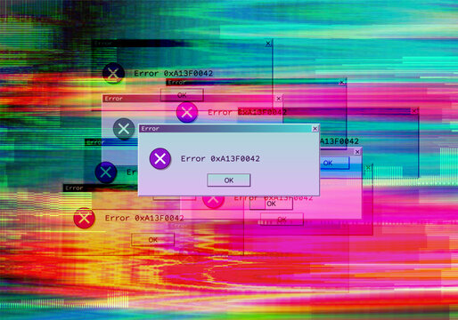 Vaporwave pop art system critical error warning. Retro Y2K user interface window with system failure and glitch background. Software tech crash or bug report concept. Vector illustration.