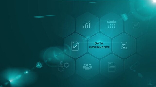 A glowing neon data governance concept surrounded by smaller icons for ai and manufacturing process management. Motion graphics of data security concept