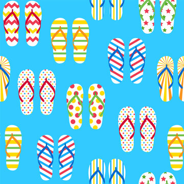 Colorful flip flop seamless pattern with striped and polka dot sandals on blue background, perfect for summer vacation themes, beach textile prints, wrapping paper, wallpaper, and tropical designs.