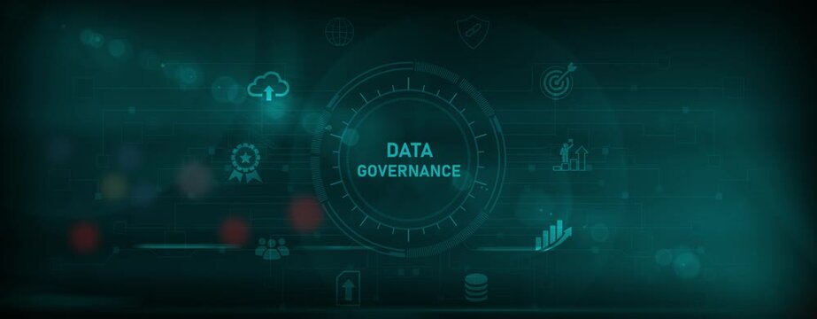 A glowing neon data governance concept surrounded by smaller icons for ai and manufacturing process management. Motion graphics of data security concept