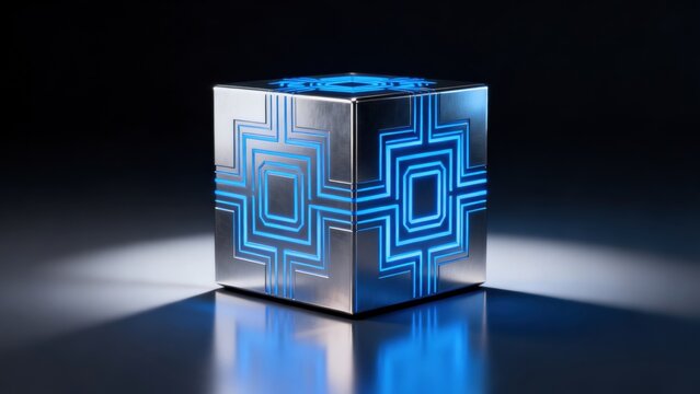 Metallic cube with glowing blue patterns