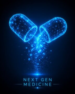Next gen medicine pill digital particles low poly futuristic health care with medicine particles futuristic technology innovation pharmaceutical low poly futuristic health care