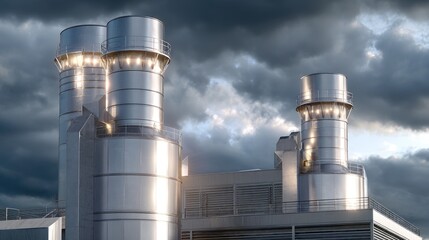 Obraz premium Industrial Power Plant with Tall Metallic Chimneys Under Dramatic Cloudy Sky at Dusk