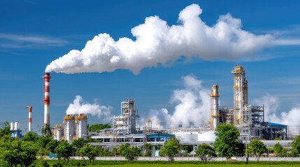 Obraz premium Industrial factory with smokestacks emitting white clouds against clear blue sky and green landscaping in foreground