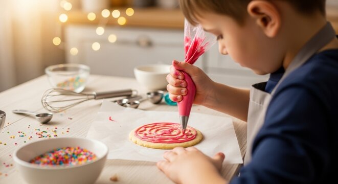 Child carefully decorating a circular cookie with pink icing