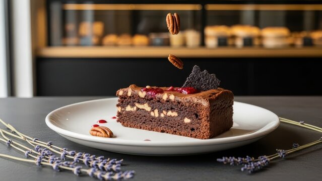 Delicious chocolate cake slice with pecans, red berry jam, and lavender garnish on a white plate in a bakery setting