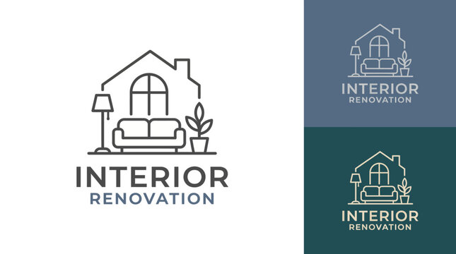 The elegant logo features a stylized home interior complete with a cozy couch and decorative elements, representing comfort and modernity in interior renovation projects.