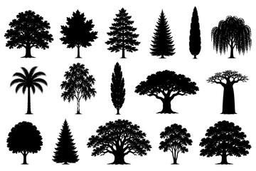 Fototapeta premium Silhouettes of diverse trees: pine, oak, baobab, and more.