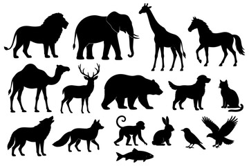Naklejka premium Silhouette collection of wild and domestic animal shapes.