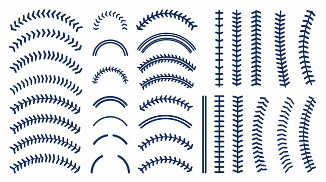 A detailed collection of dark blue baseball stitch patterns including curved and straight designs on a white background, Symbolizing sports design and team branding