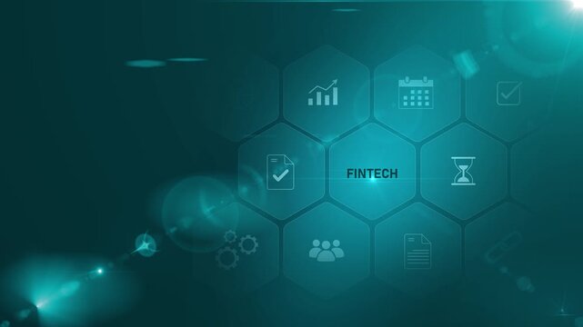 Fintech Concepts and Infographics in Dark Environment. Asymptotic smart data analytic on world map background. Motion graphics of business concept