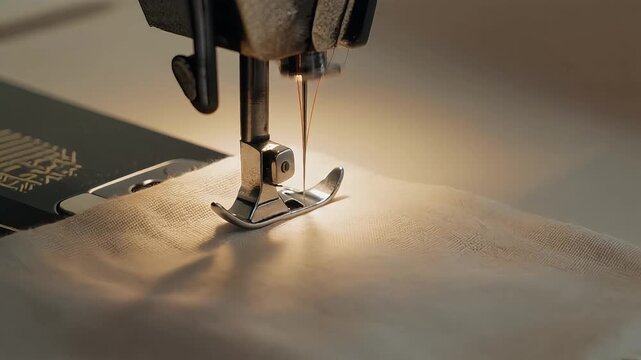 close up of vintage sewing machine needle stitching fabric