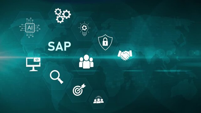 SAP business system software automation concept on virtual screen data center. Business, modern technology, internet and Motion graphics of SAP concept.