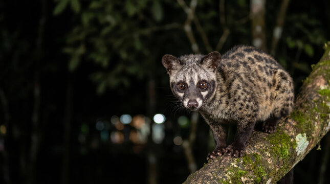 Nocturnal Asian palm civet Paradoxurus hermaphroditus perched on a mossy tree branch at night with copy space