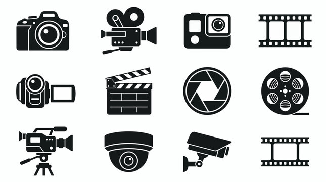 A diverse collection of black vector icons showcasing photography, video and security equipment on a clean white background, illustrating media production and surveillance technology concepts