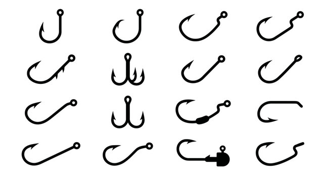 A comprehensive collection of diverse black fishing hook icons in various shapes and designs on a clean white background, Symbolizing angling gear and outdoor hobby pursuits