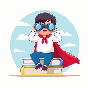 Child in superhero cape looking through binoculars while sitting on books