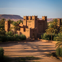 Fototapeta premium Majestic ancient sandcastle fortress or kasbah in a desert oasis surrounded by palm trees under a clear blue sky, Morocco architecture.