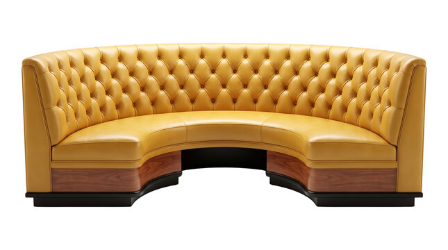Vintage yellow leather curved sofa with tufted upholstery, mid-century modern circular booth seating, luxury semi-circle lounge couch for commercial interiors isolated PNG with Transparent
