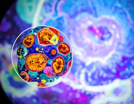 a close up of the nucleus and its cells, showing chromatin strands, nucleolus detail, and surrounding cytoplasm in vivid microscopic clarity