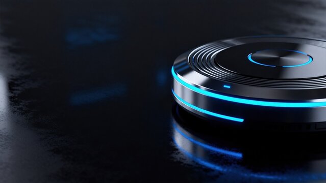 Glowing blue circular device on dark surface