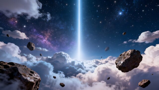 Cosmic scene with asteroids and clouds