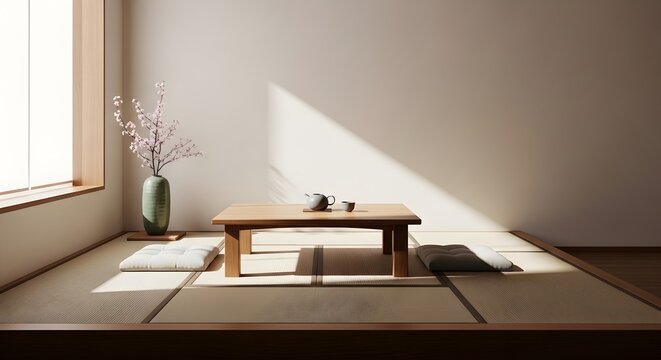 Serene Japanese Tea Room With Cherry Blossoms and Tatami Mats