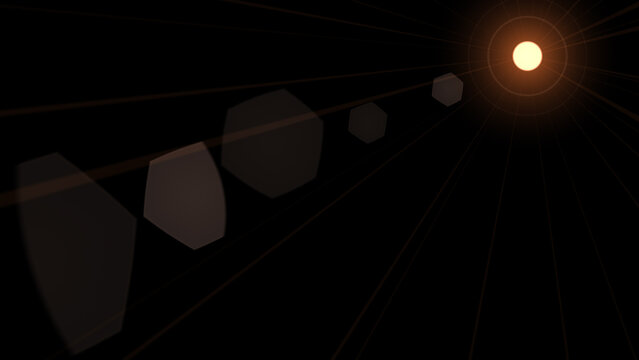 warm red orange sun light optical lens flare hexagonal bokeh overlay. bright glowing geometric beam ray element isolated on black background. creative sunlight effect for sunset photo editing
