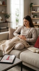 Obraz premium Female uterine discomfort: womb pain, health struggle, menstrual cycle, reproductive issue, ovary function, abdomen agony, disorder symptom, fibroid presence, endometrium stress, infertility risk.