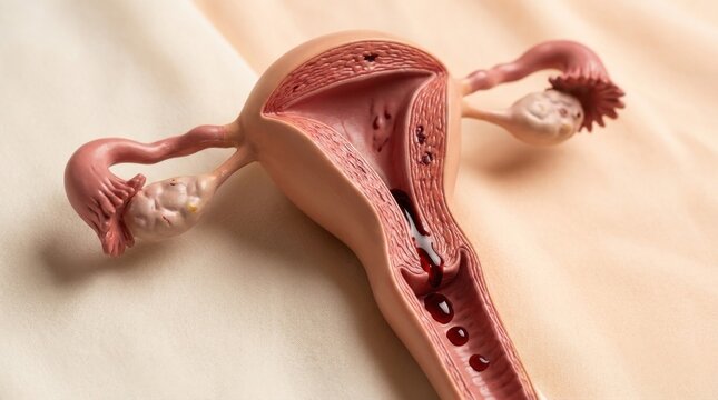 Human reproductive structure: uterus model, womb disease, menstrual bleeding, cycle dysfunction, ovary health, endometrium issue, hormone irregularity, fertility concern, reproduction process.