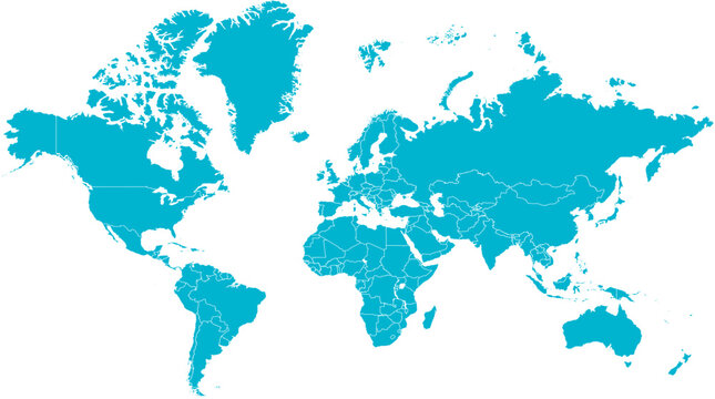 A cyan blue world map on white background.